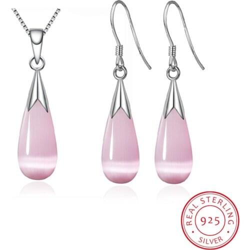 925 Sterling Silver Jewelry Sets Moonstone Opal Water Drop Necklace+Earrings Bijoux For Women Girl Gift