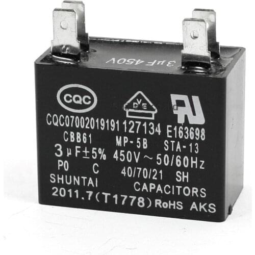 CBB61 4 Soldering Pins Polypropylene Film Fan Capacitor 3uF AC 450V