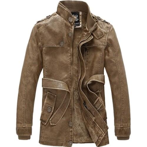 PU Leather Fleece Jacket Men Autumn Winter Casual Stand Collar Slim Warm Long Coats Outwear Motorcycle Biker Faux Leather Jacket