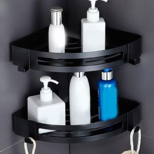 K1KA Multifunctional Storage Tray Metal Shampoo Holder Kitchen Shelves Bathroom Corner Organizer Rack with Removable Hooks