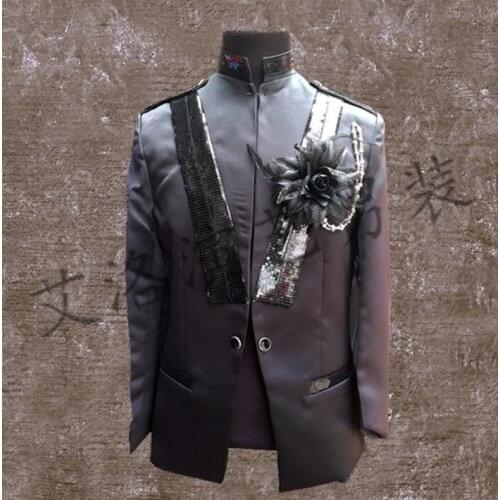 Men groom suits designs homme terno stage costumes for singers men sequin blazer dance clothes jacket style formal dress black