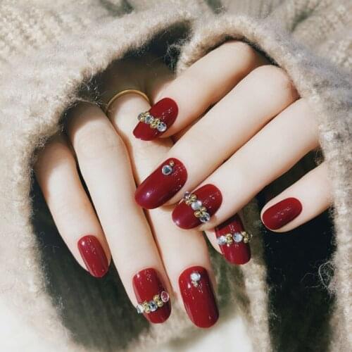 24pcs/boxed with 2g glue Shining Rhinestone Fake Nails Red Color 3D Glitter False Nails Wedding Party Nails Fashion Decoration