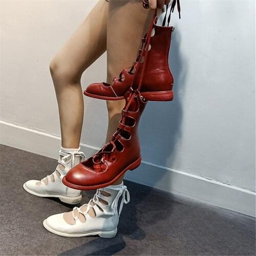 Autumn Shoes Woman Cross-tied Round Toe Boots Women Chunk Low Heels Botas Mujer Invierno 2019 Cut-outs Motorcycle Ankle Booties