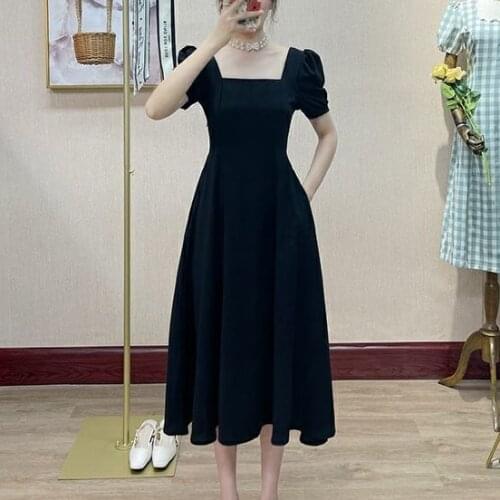 Square collar dress female summer 2021 new waist slim short sleeve A-line skirt red high waist over knee dress