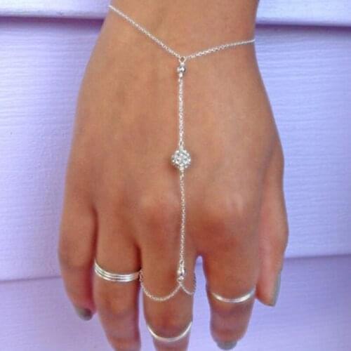 Silver Slave Bracelet Silver Hand Chain Friendship Bracelet Dainty Hand Piece Crystal Ring Bracelet Boho Jewelry