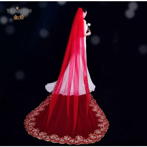 TOPQUEEN V87 Long 3M Wedding Veil Red Wedding Tulle with Comb Gold Embroidery Veil With Beaded Shiny Veil For Bride Chinese Red