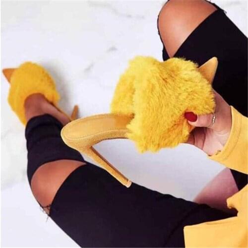 Luxury Furry Slide Sandals Shoes Woman 2020 Summer Fluffy Fur High Heels Peep Toe Pumps Women High Heel Female Sexy Wedding Shoe