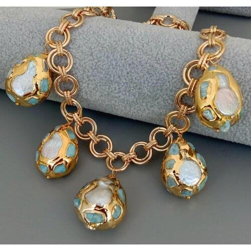 Y·YING 21" Blue Larimar chipsGold plated link Chain Festoon White Coin Freshwater Pearl pendant Necklace