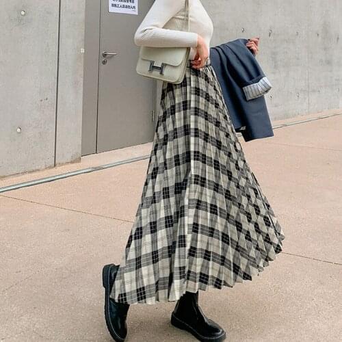 Fashion All Match Autumn Long Plaid Skirts Women New Elastic Waist Fall Winter Elegant Pleated Skirt 2021 Office Lady Jupe