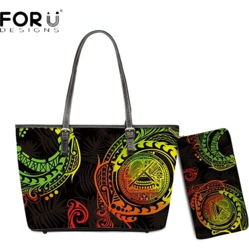 FORUDESIGNS Hot Sales Samoa Tribal Polynesian Leaves Printing Lady Pu Leather Handbag And Purse 2pcs Set Female Shoulder Bolsa