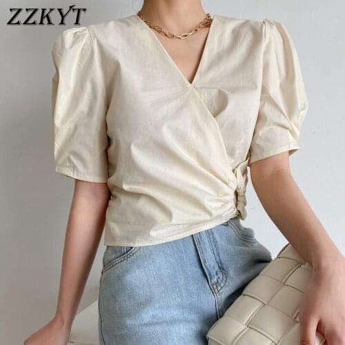 ZZKYT 2021 Women Summer Vintage Sweet Solid Folds Cropped Blouses Fashion V-Neck Short Sleeves Female Shirts Blusas Chic Tops