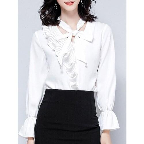Ruffles Shirts Women New Fashion V Neck Bell Sleeve Bow Tie White Tops Female Retro Bow Tie Flare Sleeve Chiffon Blouses
