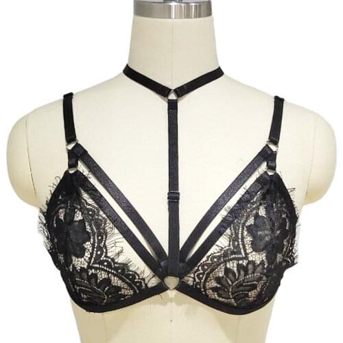 Women Black Lace Crop Top Bralette Perspective Sexy Body Harness Bondage Lingerie Adjustable Suspenders Belt Rave Wear Body Cage
