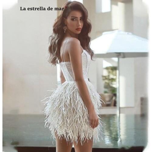 Vestidos de noite new Spaghetti Strap ALine ivory lace feather corset cocktail dress short abito cocktail Celebrtiy Party Gown