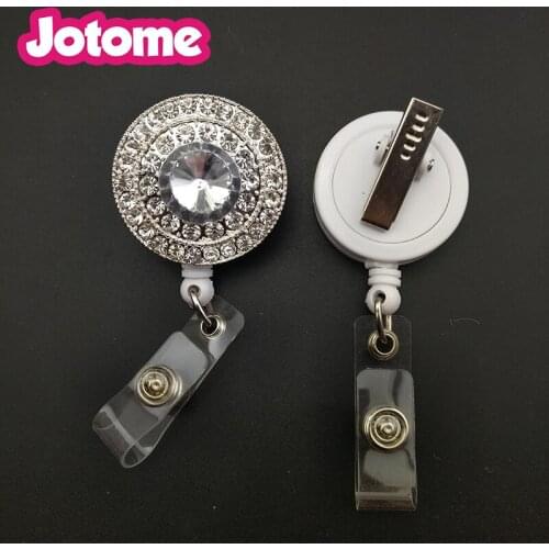 100pcs/lot Costume Jewelry Crystal Rhinestone Clear Rhinestone Round Button Retractable ID Badge Holder Reel