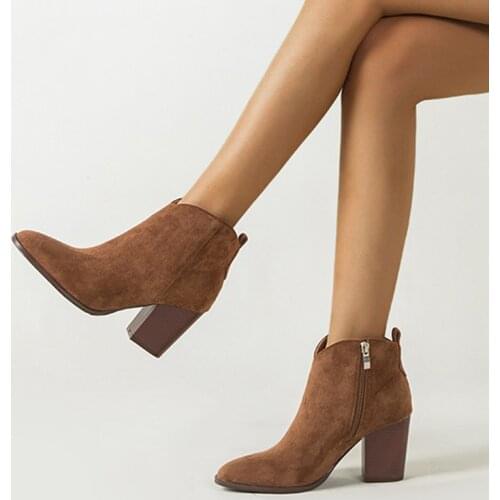 2020 Autumn Faux Suede Ankle Boots Women High Heel Side zipper High top Block Heel Short Western Cowboy Booties Shoes