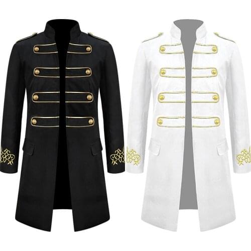 2021 Mens Steampunk Vintage Medieval Tailcoat Jacket Retro Gothic Victorian Frock Coat Uniform Halloween Cosplay Black White