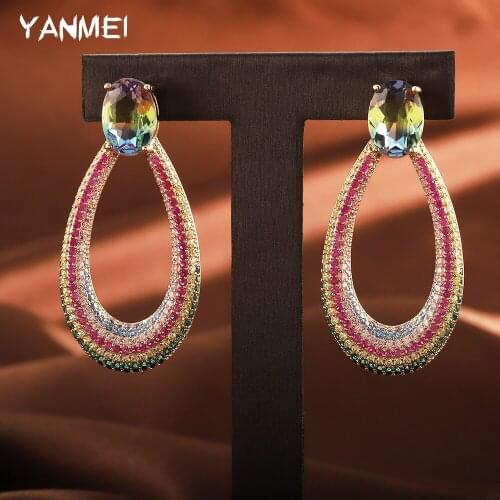 Oval Water Drop Color Big Earrings Hollow Micro-inlaid U-shaped Earrings Exaggerated Luxury Large Jewelry for Women