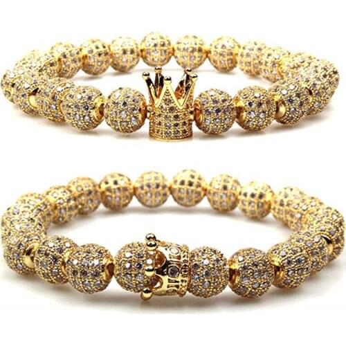 New Fashion CZ Imperial Crown Bracelet Charm Couple Bracelets for Lovers 8m Beaded Bracelet Set Valentines Day Gift