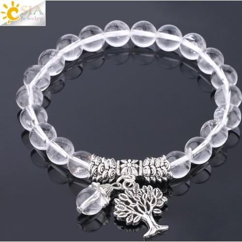 CSJA 8mm Natural Stone Clear Crystal Quartz Bracelet Chakra Tree of Life Charm Bracelets for Women Reiki Meditation Jewelry F974