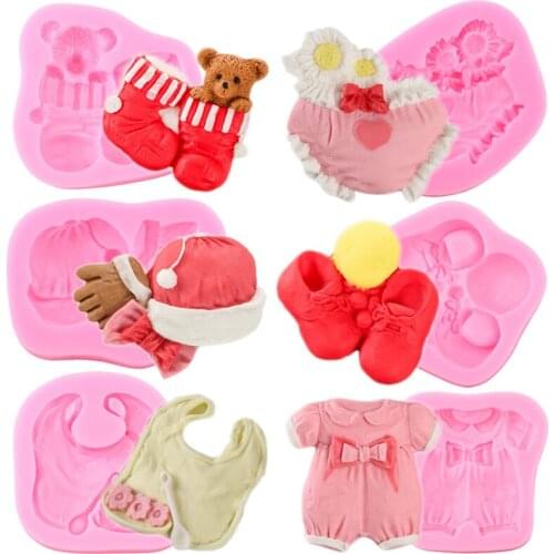 Baby Shoes Clothes Bow Hat Silicone Mold Fondant Molds Baby Birthday Cake Decorating Tools Candy Clay Chocolate Gumpaste Mould