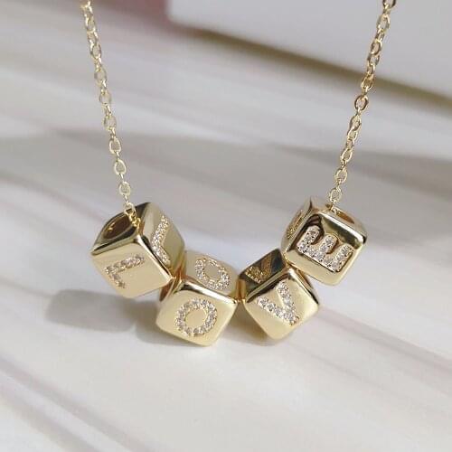 Diy Alphabet Cube Pendant Necklace Long Chain 24K Gold Necklace For Women Initial Name Letter Necklace Zirconia Collar mujer