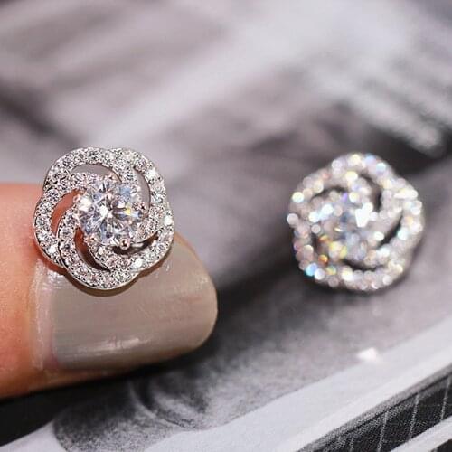 Huitan New Trendy Temperament Sweet Flower Earrings Women Simple Stylish Exquisite Birthday Gift Dazzling Cubic Zirconia Jewelry