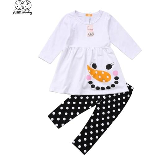 New Casual Kid Clothes Set Toddler Kids Girls Long Sleeve Snowman Print Tops Dress Dot Pants Long Leggings Outfits Set Clothes