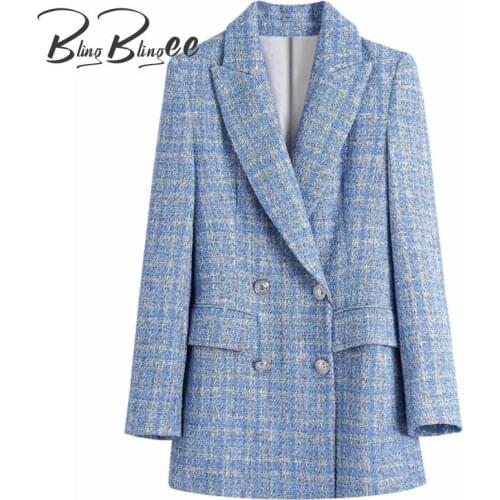 BlingBlingee 2021 Autumn Official Suit Sequin Double Row Button V-Neck Jacket Long Sleeve Pocket Blue Womens Suits Blazer