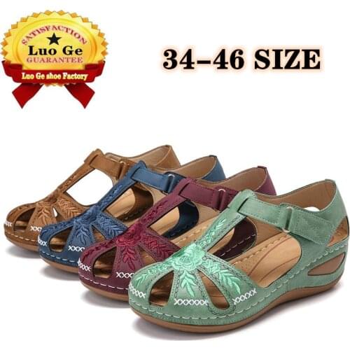 Summer soft-soled Roman Baotou hook and loop womens shoes large size heel wedges non-slip sports casual mother women sandals