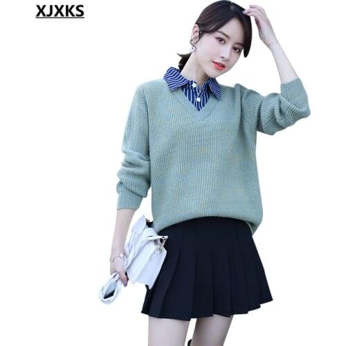 XJXKS 2021 spring autumn new fashion stitching shirt collar women sweater high-quality wool knitted sweater women pullover