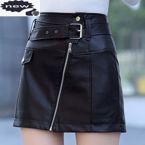 Spring New Women High Waist Slim Pu Leather Streetwear Black A-Line Mini Skirt Office Lady Sashes Zipper Wrap Skirts