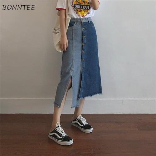 Skirts Women Plus Size 5xl Split Denim Patchwork Vintage Elegant Faldas Mujer Moda 2021 Slim Summer New Streetwear Distressed