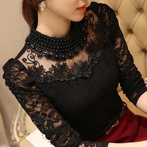 Women Sexy Lace Blouse new Slim Plus size 3XL Lace Tops Long Sleeve Casual Shirt Beaded Openwork Feminine Hollow Out Tops