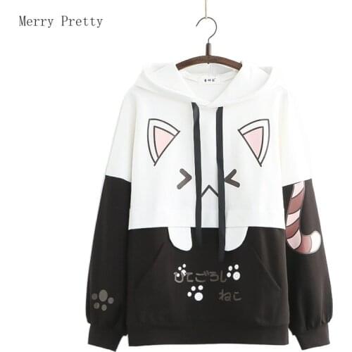 Cotton Hooded Swatshirts For Women Harakuju Cartoon Print Casual Hoodies 2021 Summer New Drawstring Female Sweet Style Top