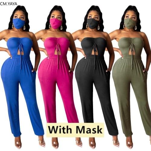 CM.YAYA Active Wear Tie Up Cut Out Strapless Sleeveless Women Jumpsuit Streetwear One Piece Romper Overall Fashion Playsuit