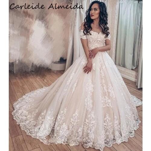 Off-the-Shoulder Ball Gown Wedding Dresses for Women Bridal 2021 Lace Appliques Bride Dress Chapel Train Luxury Dubai Gelinlik