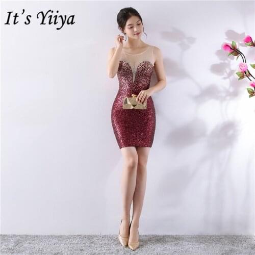 Prom Dress Its Yiiya DX384 Elegant Burgundy Shiny Crystal Party Dresses Women Party Night O-neck Short Vestidos De Gala