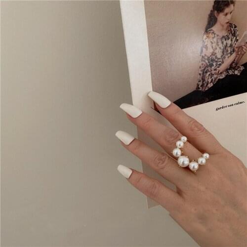 Vintage Fashion Big Geometric Pearl Paved Rings For Women 2021 New Jewelry Personality Statement Open Ring Adjustable Bijoux