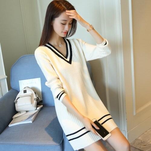 Womens long-sleeved sweater dress womens V-neck slim autumn winter dress womens casual loose your knitted dress h0057