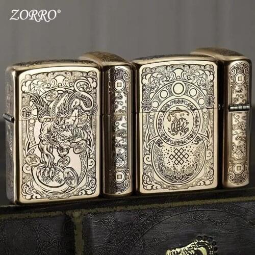 Zorros new pure copper laser deep carving personality retro kerosene lighter four-sided engraving mens ignition tool gift