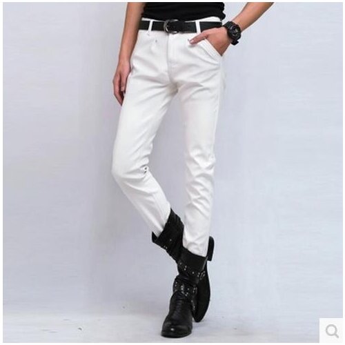 White motorcycle faux leather pants mens thin pants personality pu trousers for men fashion elastic pantalon homme