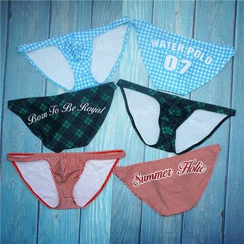 No lacing low waist gay men swimwear sexy plaid thong swim shorts hot tight men swimsuits swimming pool party swim trunk briefs