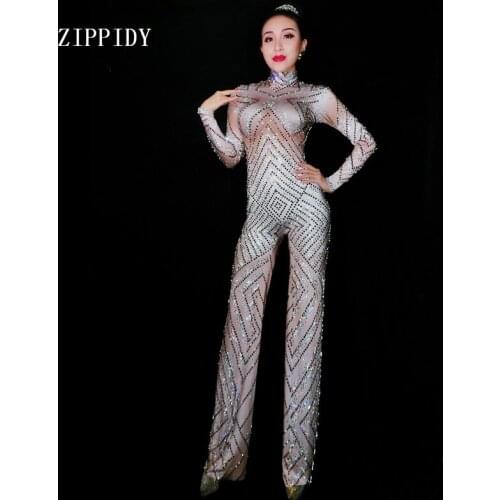 Sparkly Big Legs Jumpsuits Rhinestones Sexy Bodysuit Stage Performance Female Birthday Celebrate luxurious Singer Costume Wear