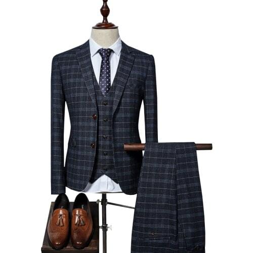 Blazer+Pants+Vest) Luxury Men Suit 3 Piece Set Fashion Boutique Lattice Groom Wedding Dress Mens Tuxedo Men Banquet Club Dress