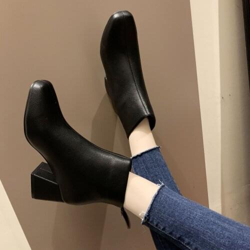 New Fashion Leather Ankle Boots Women Thick High Heels Zipper Pointed Toe Autumn Winter Woman Shoes Square Heel 2020