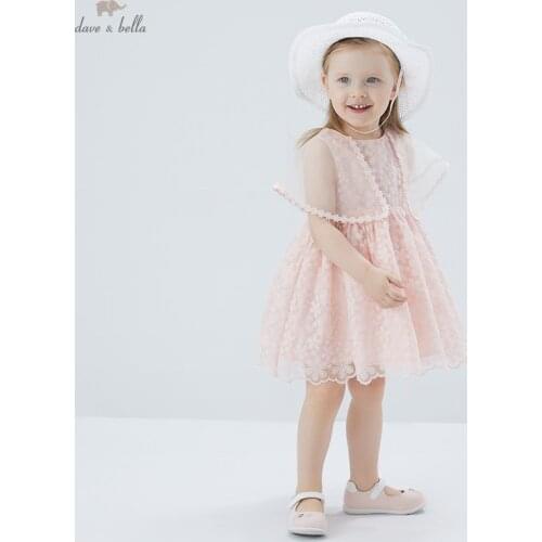 DBJ17243 dave bella summer baby girls cute floral embroidery dress children fashion party dress kids infant lolita clothes