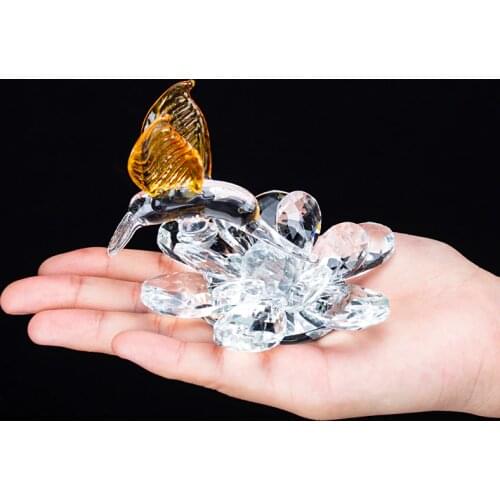 H&D Crystal Hummingbird Figurine with Lotus Flower Glass Animal Paperweight Collection Rainbow Maker Home Decor Souvenir Gift