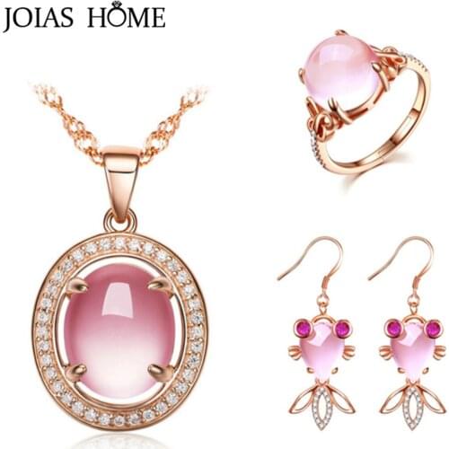 Joiashome Classic Silver 925 Jewelry Sets Pink Fish Earrings Rings Necklace Rose Gold Fashion Fine Women Party Jewelry Wholesale