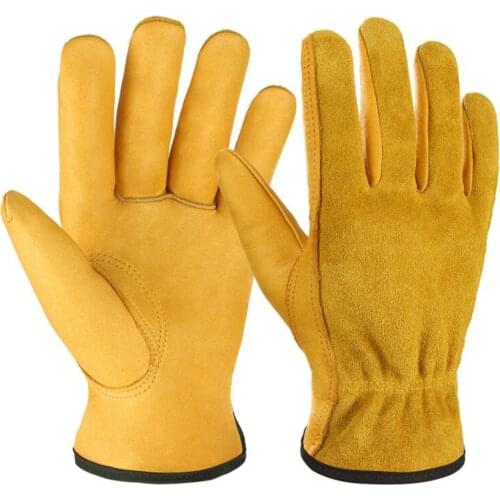 Leather Work Gloves, with Elastic Wrist, Protective Gloves for Gardening, Farm, Warehouse, Construction, Motorcycle, S, M, L, XL